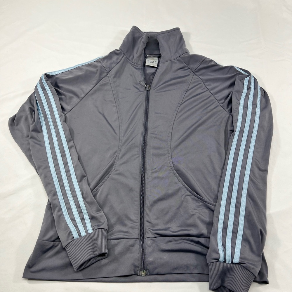 Adidas Originals Track Jacket Women’s Size M Gray with Blue 3-Stripes Full‎ Zip